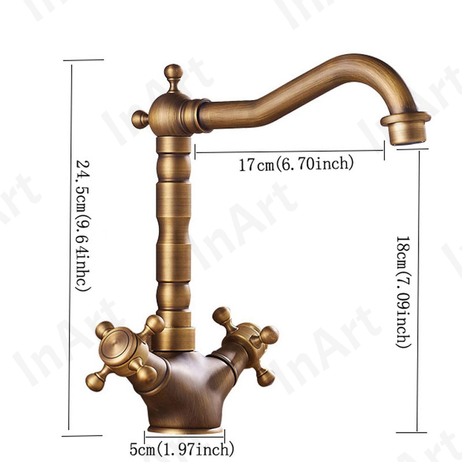 Antique matt brass basin tap, angled view of deck mounted basin mixer for modern bathroom wash basin