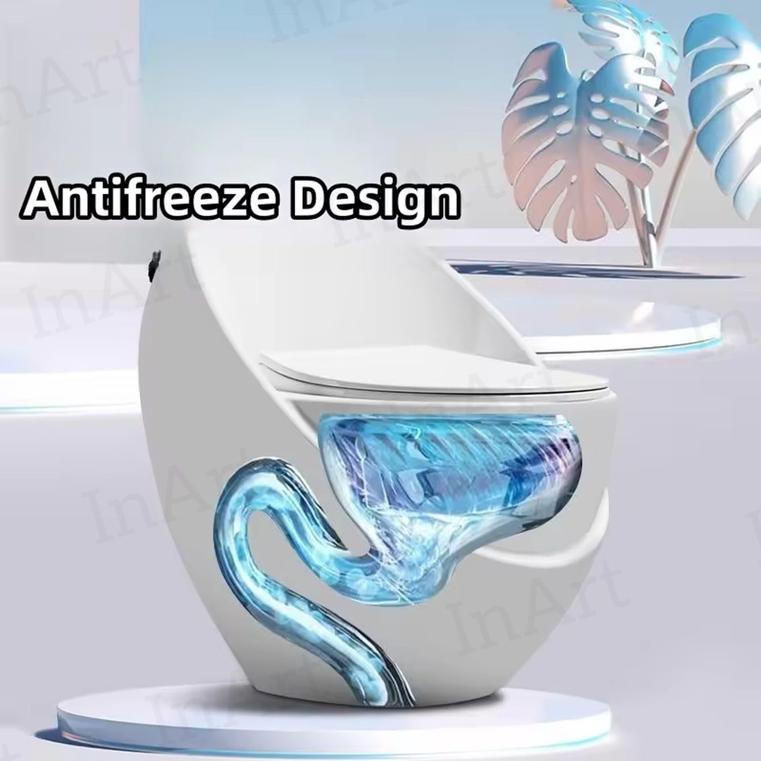 InArt egg shape one-piece commode in glossy white, compact 670x505x630mm for Indian washrooms