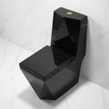 Glossy black western toilet single piece, oval ceramic floor mounted commode angled side view