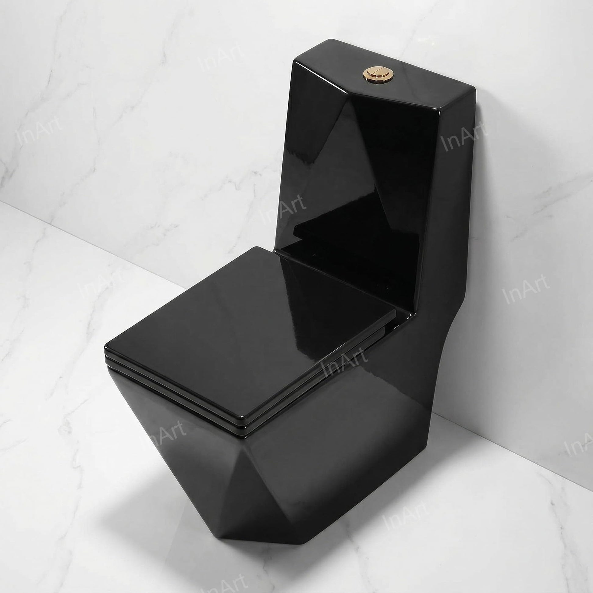 Glossy black western toilet single piece, oval ceramic floor mounted commode angled side view