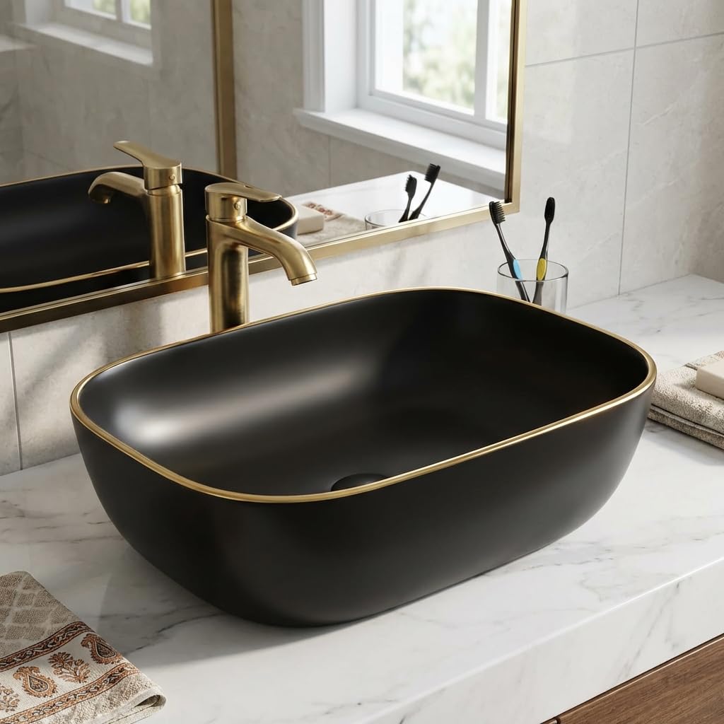 InArt ceramic table top wash basin design, matte black rectangular counter basin, front view