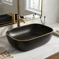 InArt ceramic table top wash basin design, matte black rectangular counter basin, front view