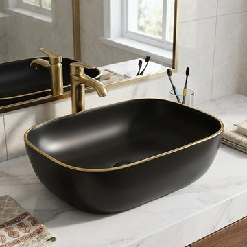 InArt ceramic table top wash basin design, matte black rectangular counter basin, front view