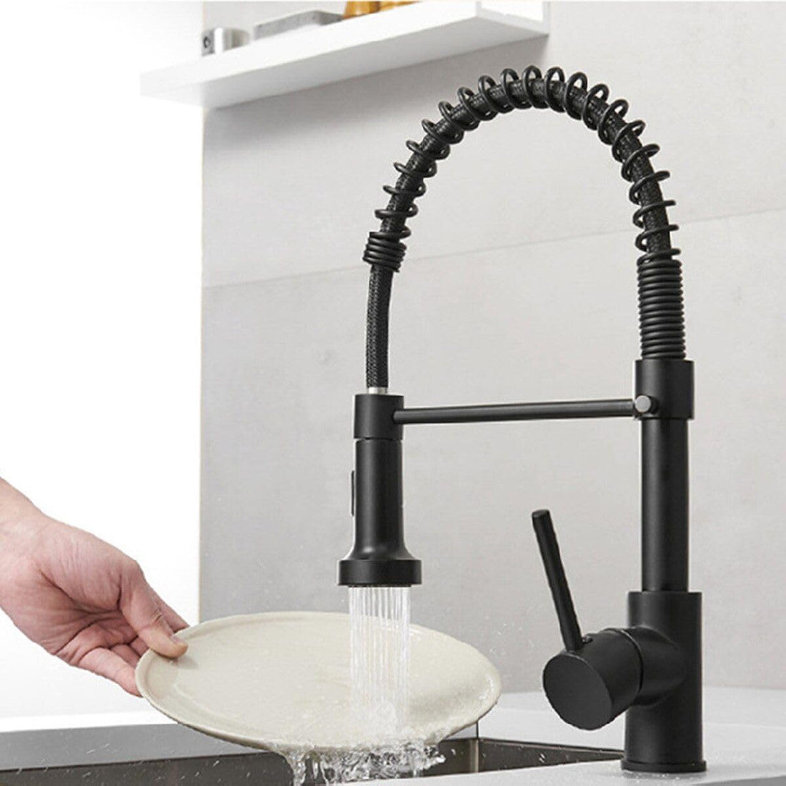 InArt flexible sink tap in matte black brass, single lever kitchen sink mixer with 360° pull-down sprayer