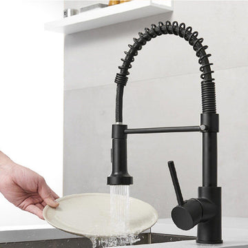 InArt flexible sink tap in matte black brass, single lever kitchen sink mixer with 360° pull-down sprayer