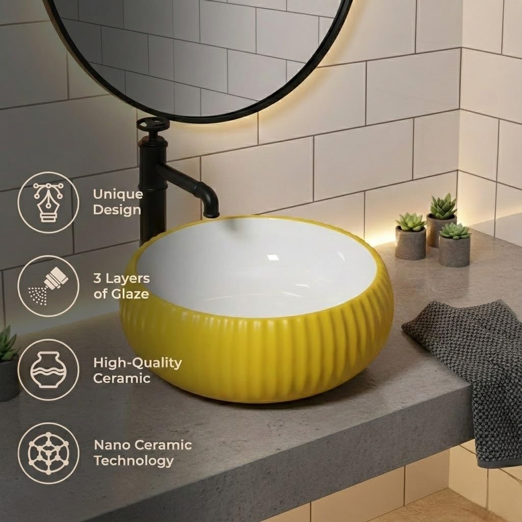 InArt table top wash basin design, glossy yellow square ceramic basin 16x16 inch, front view