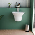 Small restroom sink in glossy white ceramic, wall mounted wash basin with half pedestal for modern bathroom