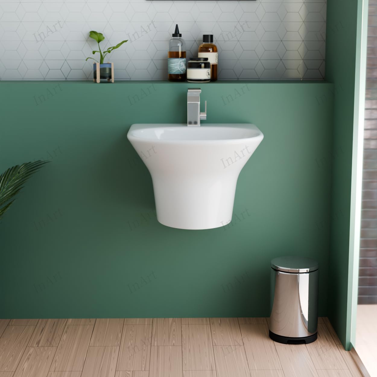 Small restroom sink in glossy white ceramic, wall mounted wash basin with half pedestal for modern bathroom