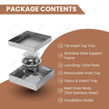 Modern bathroom floor drain jali with tile insert, square 5x5 inch stainless steel, premium finish detail
