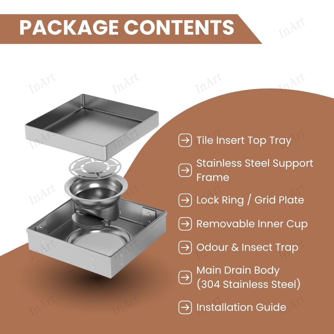Modern bathroom floor drain jali with tile insert, square 5x5 inch stainless steel, premium finish detail