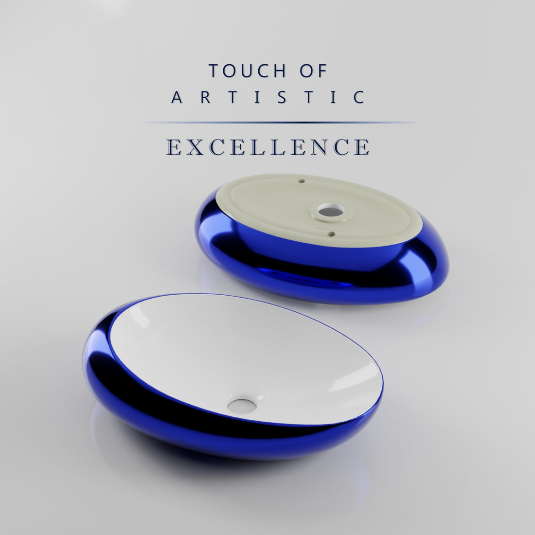 InArt ceramic table top wash basin design, glossy blue oval countertop basin, front view