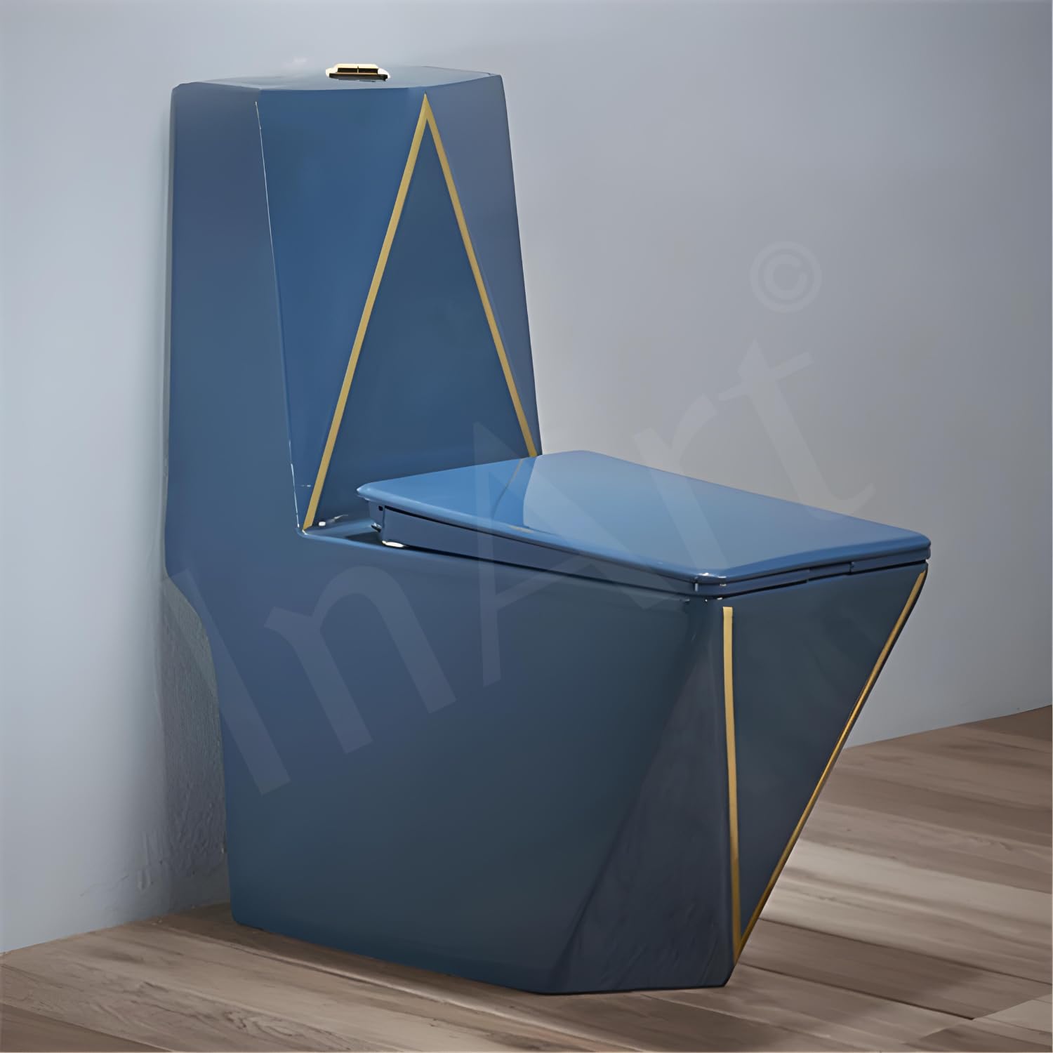 InArt single piece western toilet in glossy blue ceramic, floor mounted one piece EWC with flush tank