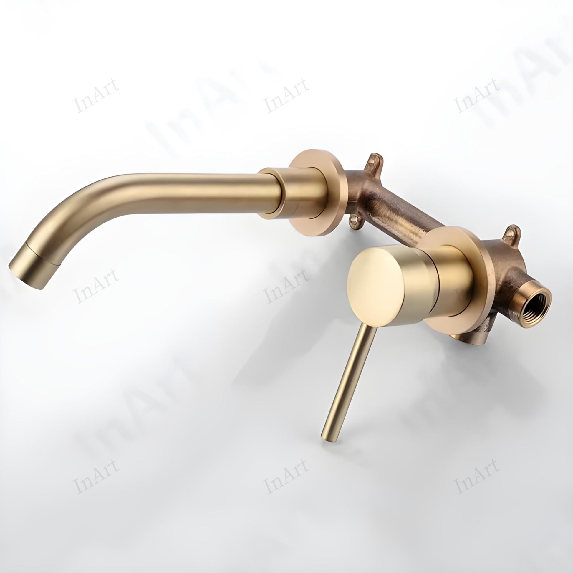 InArt single lever wall mixer showing hot and cold control, brushed gold wall sink mixer for bathroom
