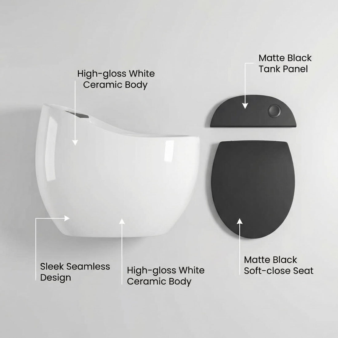 InArt single piece western toilet in glossy ceramic, egg-shaped one piece commode in white and black
