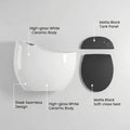 Ceramic floor mounted western toilet single piece, side angle view of oval egg-shaped commode in white and black