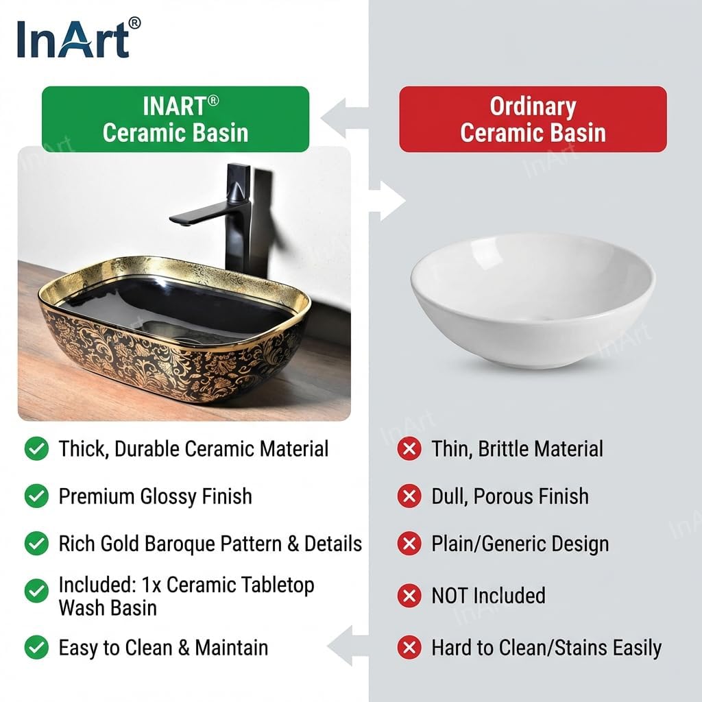 InArt luxury bathroom wash basin, oval ceramic table top basin in glossy black and gold, top view
