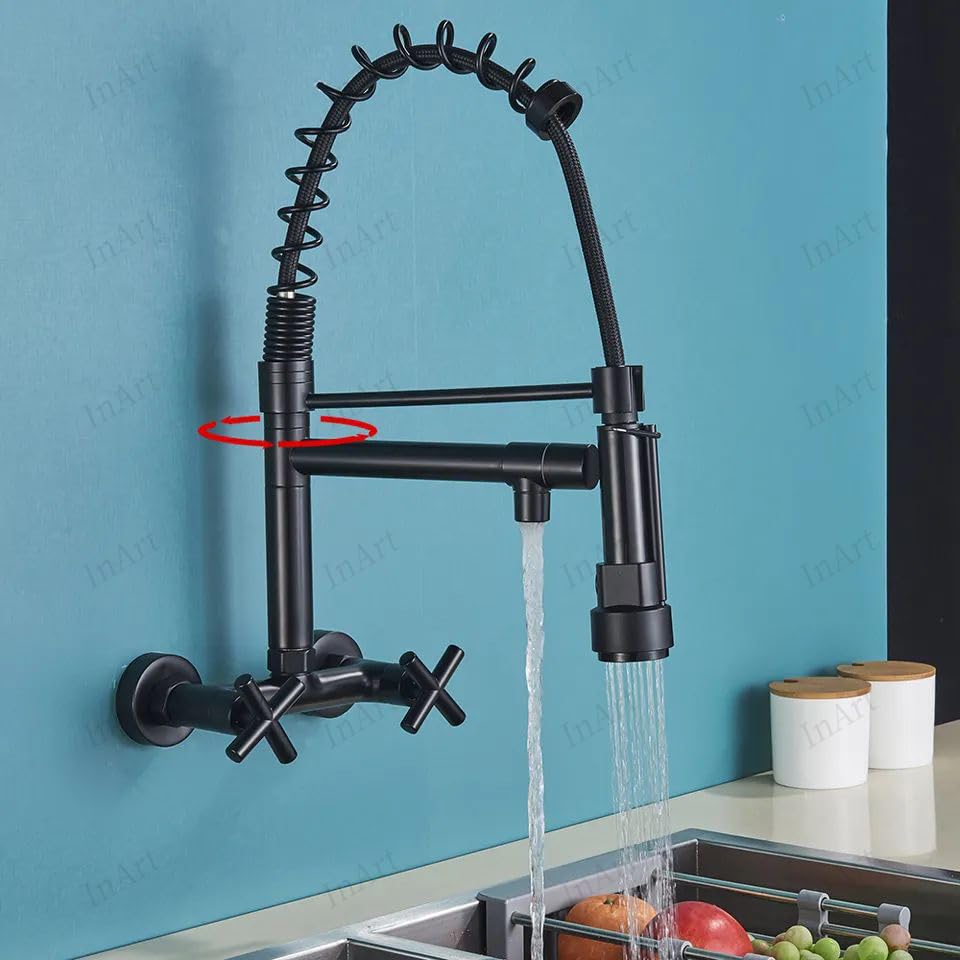 InArt kitchen faucet with sprayer, multi-function spray modes and hot & cold mixer for wall-mounted sink setup