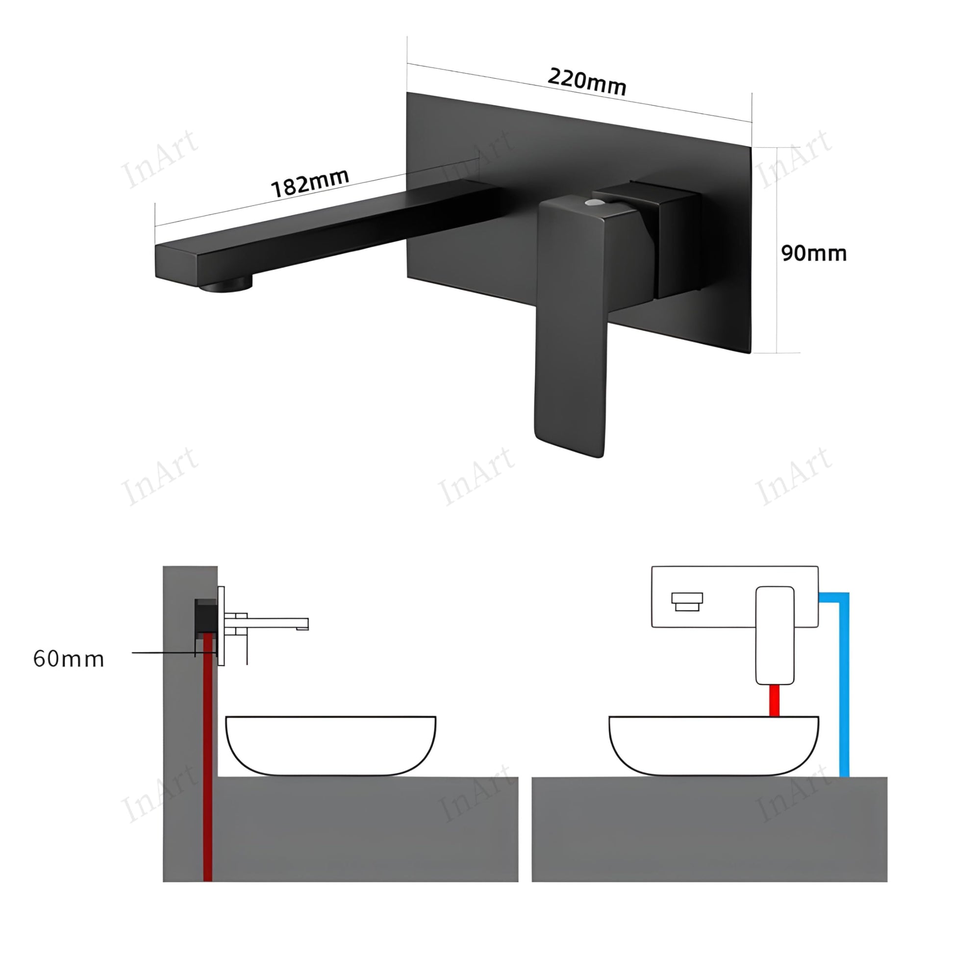 InArt wall mounted sink mixer in matte black brass, spout detail for wall sink mixer in bathroom or washroom