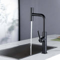Top view of pull out kitchen sink tap with 360 swivel spout, matte black brass kitchen mixer