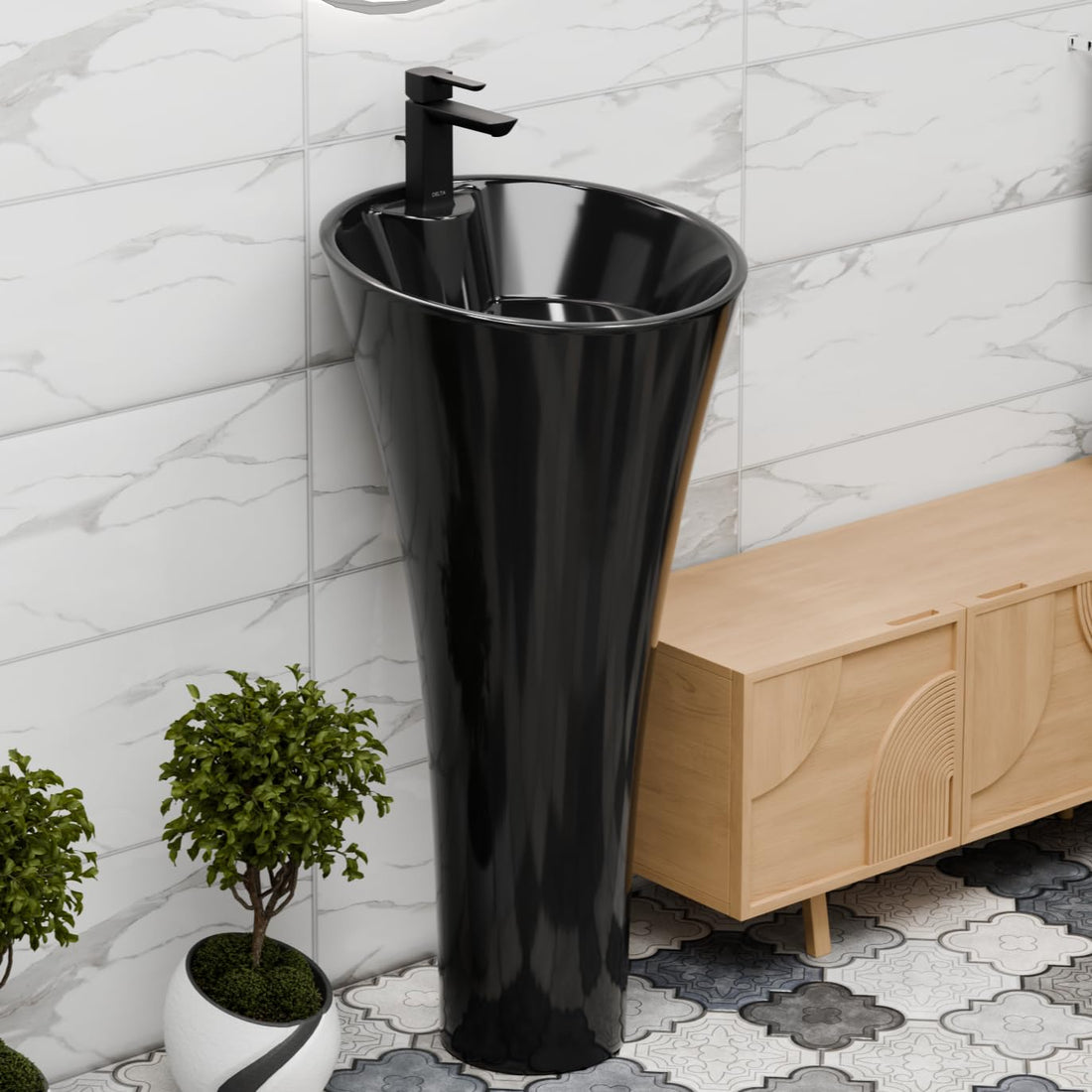 washbasindesign InArt ceramic oval pedestal wash basin in matte black, free standing front view