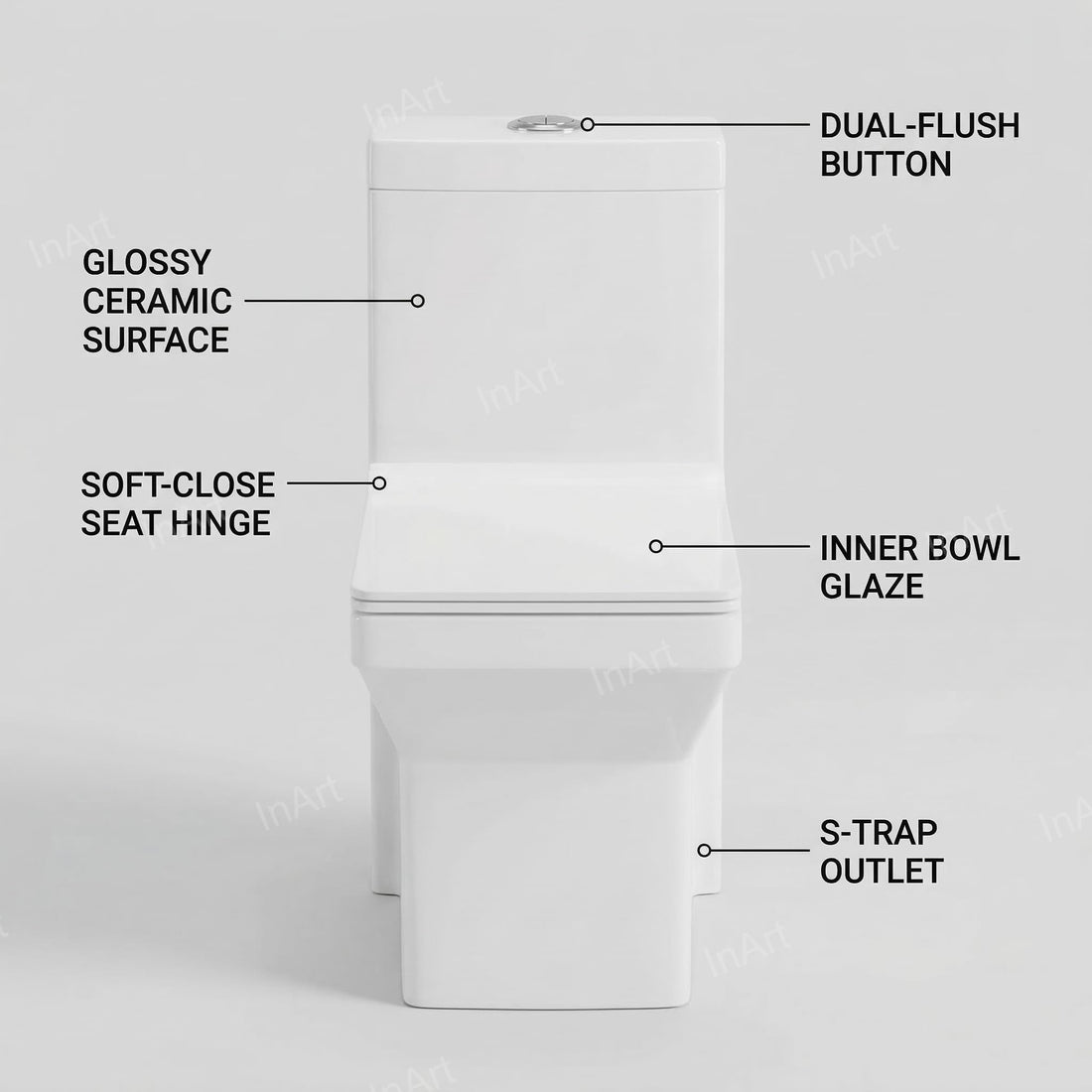 InArt single piece western toilet in glossy white ceramic, square one-piece floor mounted commode front view