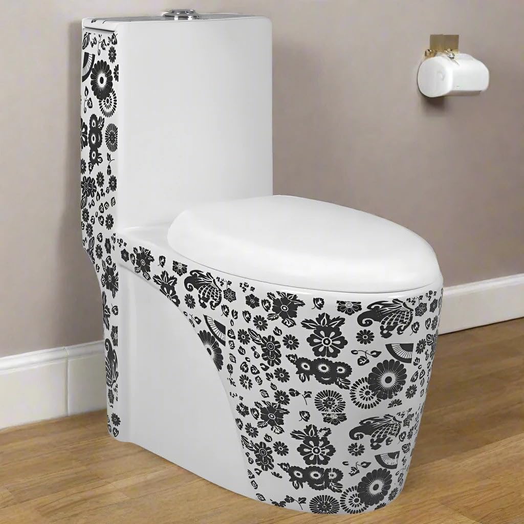 Ceramic floor mounted western toilet by InArt, glossy white elongated one piece commode, front view