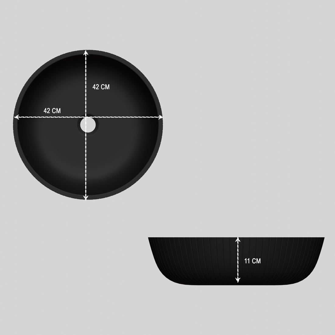 InArt quartz round table top wash basin in matte black satin, main front view for modern bathroom