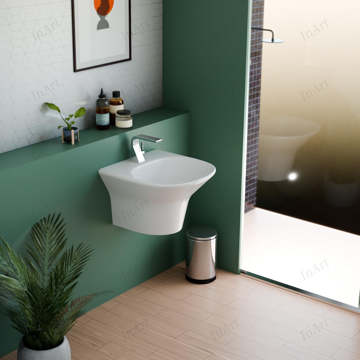 InArt small sink for small bathroom, premium ceramic wall mounted washbasin with glossy white finish