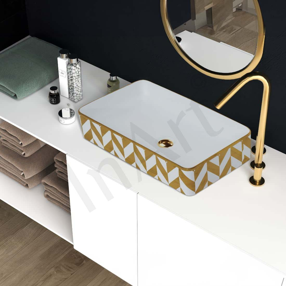 INART Wash Basin Countertop | Tabletop Ceramic Bathroom Sink | Wash Basin Over Counter | Wash Basin For Bathroom 24 x 14 x 4 Inch Gold White - InArt-Studio