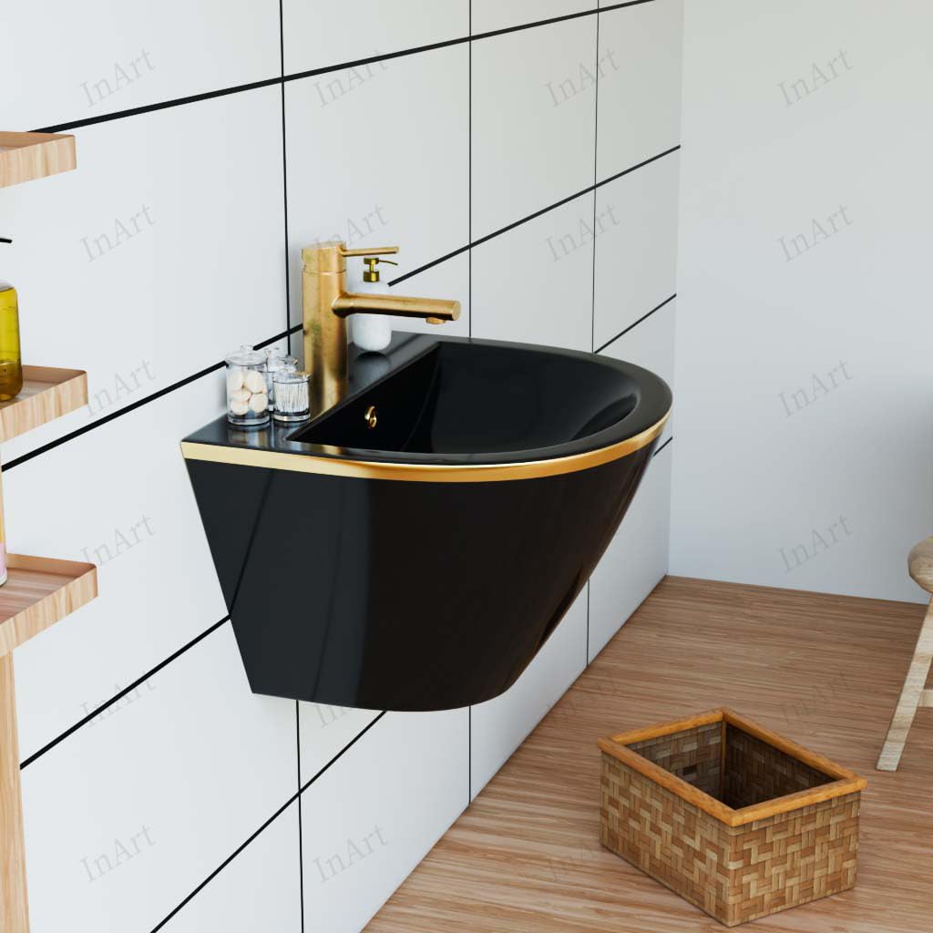 InArt ceramic wall mounted wash basin price option, rectangular black wash basin with gold line, front view