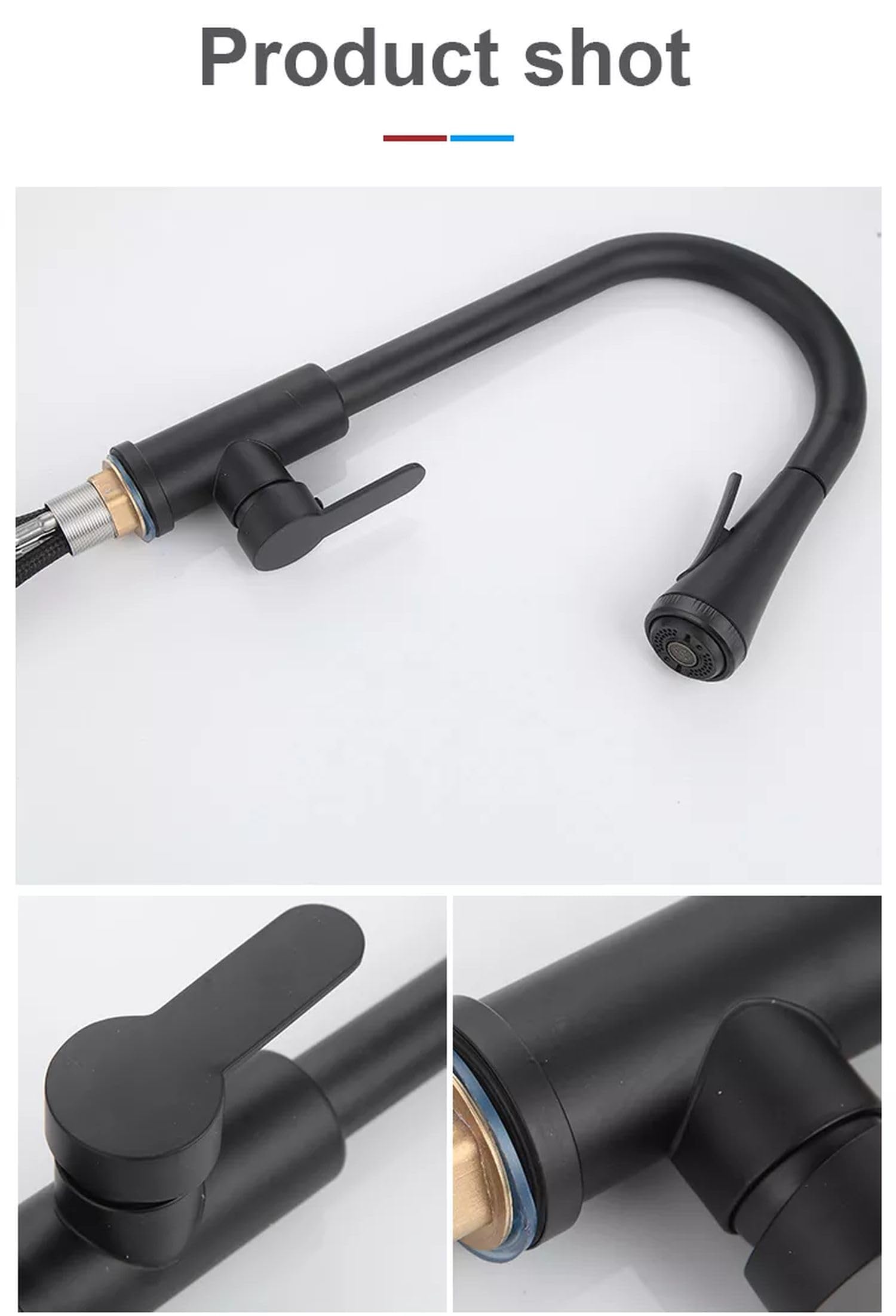 InArt pull out sink mixer in matte black, close-up of single lever handle and brass body