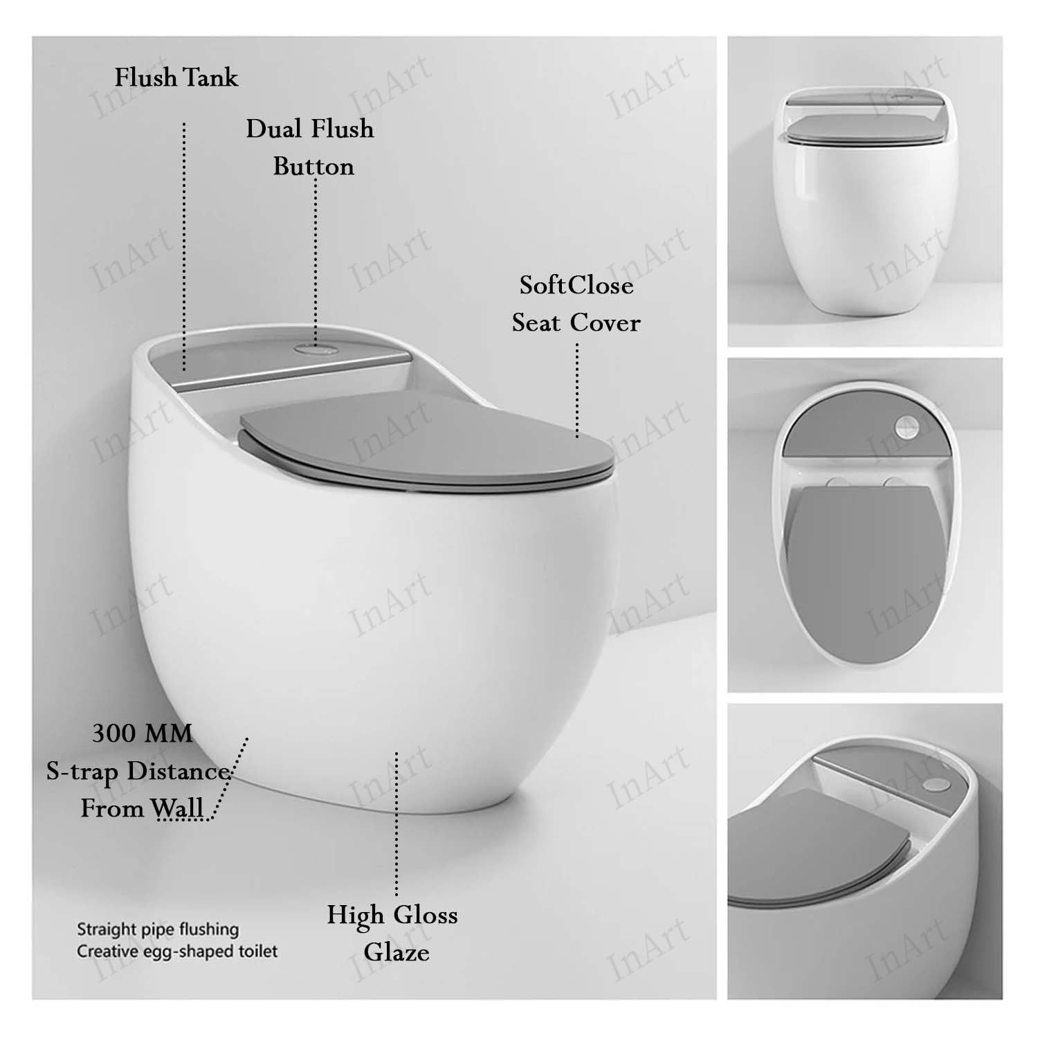 Close-up of silent soft-close toilet seat on modern one piece commode