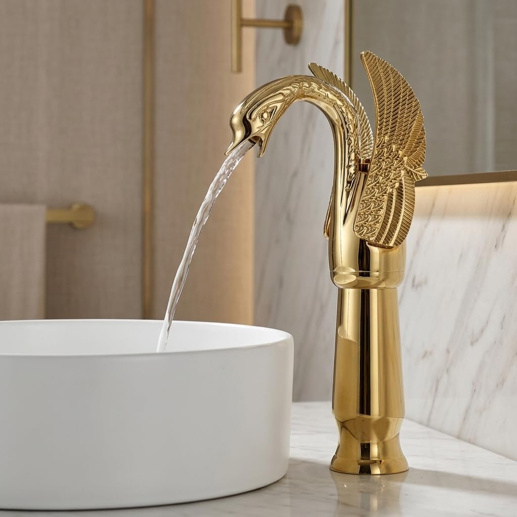 InArt single lever basin mixer in golden brass swan neck, tall body tap for wash basin, main view