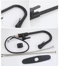 Matte black pull out kitchen sink tap with high arc spring neck, side angle view