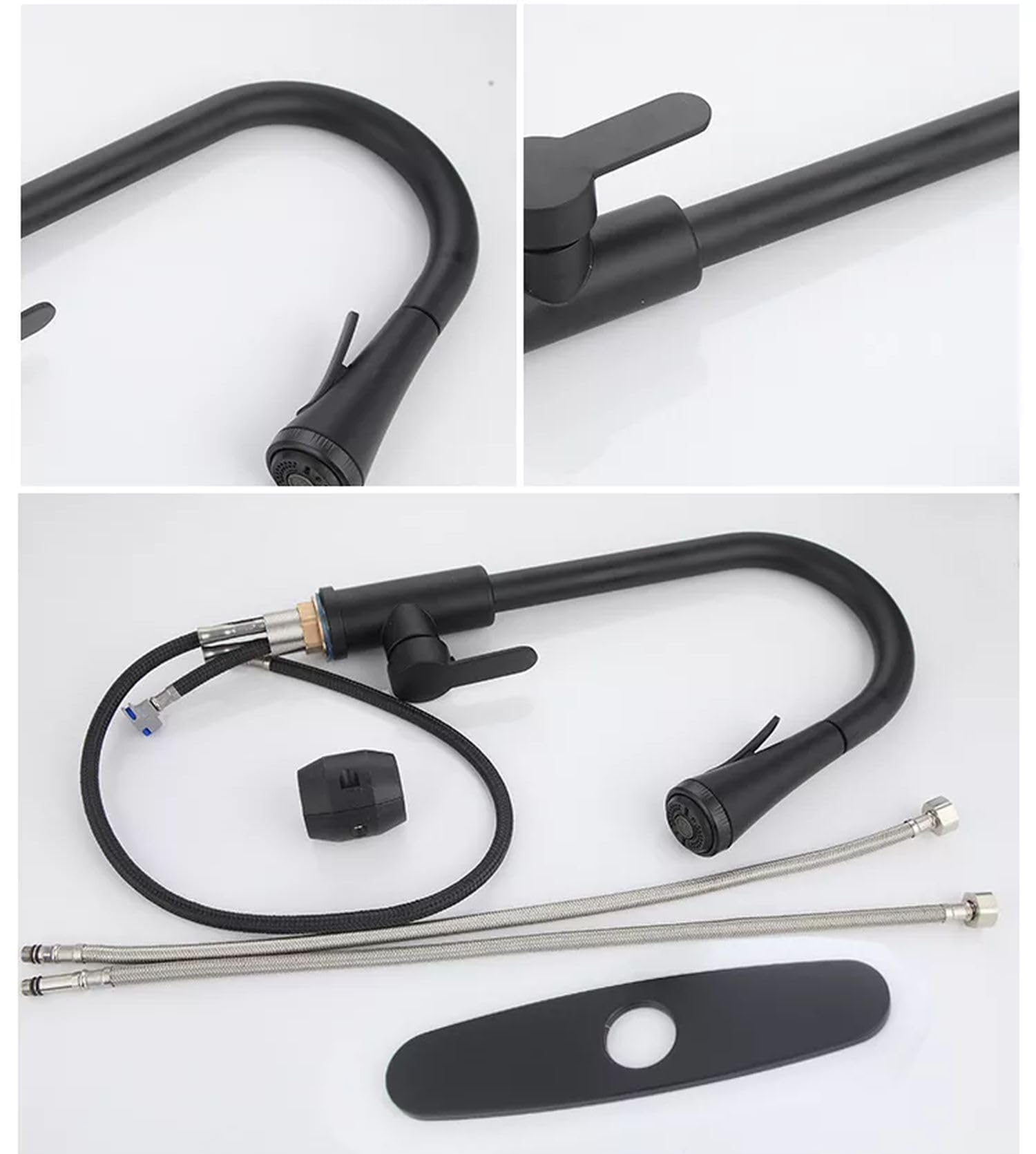 Matte black pull out kitchen sink tap with high arc spring neck, side angle view
