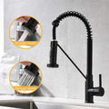 Matte black kitchen sink pull out faucet, side angle view with dual flow spray head