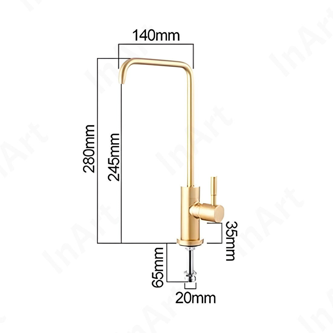 InArt ro drinking water tap for kitchen sink in SS304 stainless steel, brushed gold square design