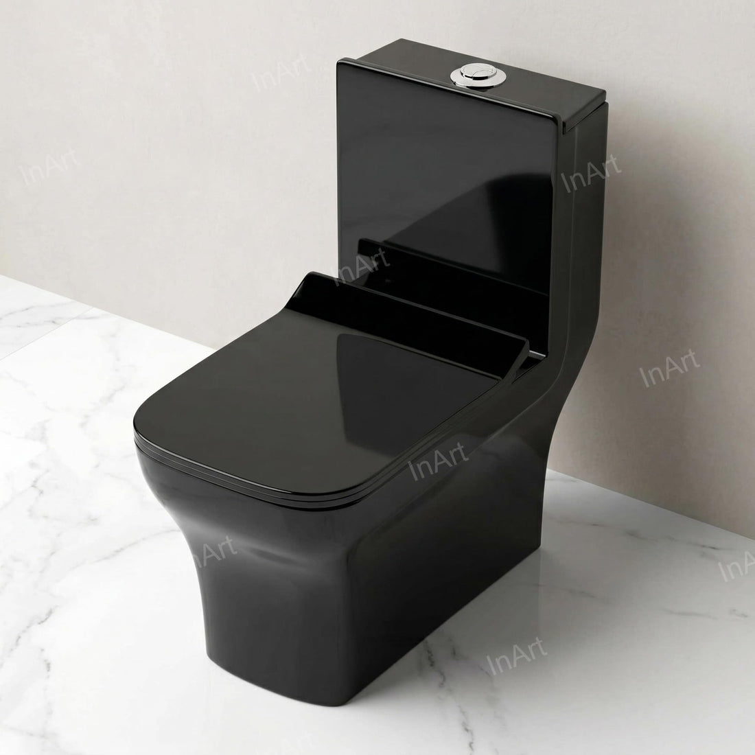 Cera single piece commode by InArt in glossy white ceramic, elongated one piece western toilet front view