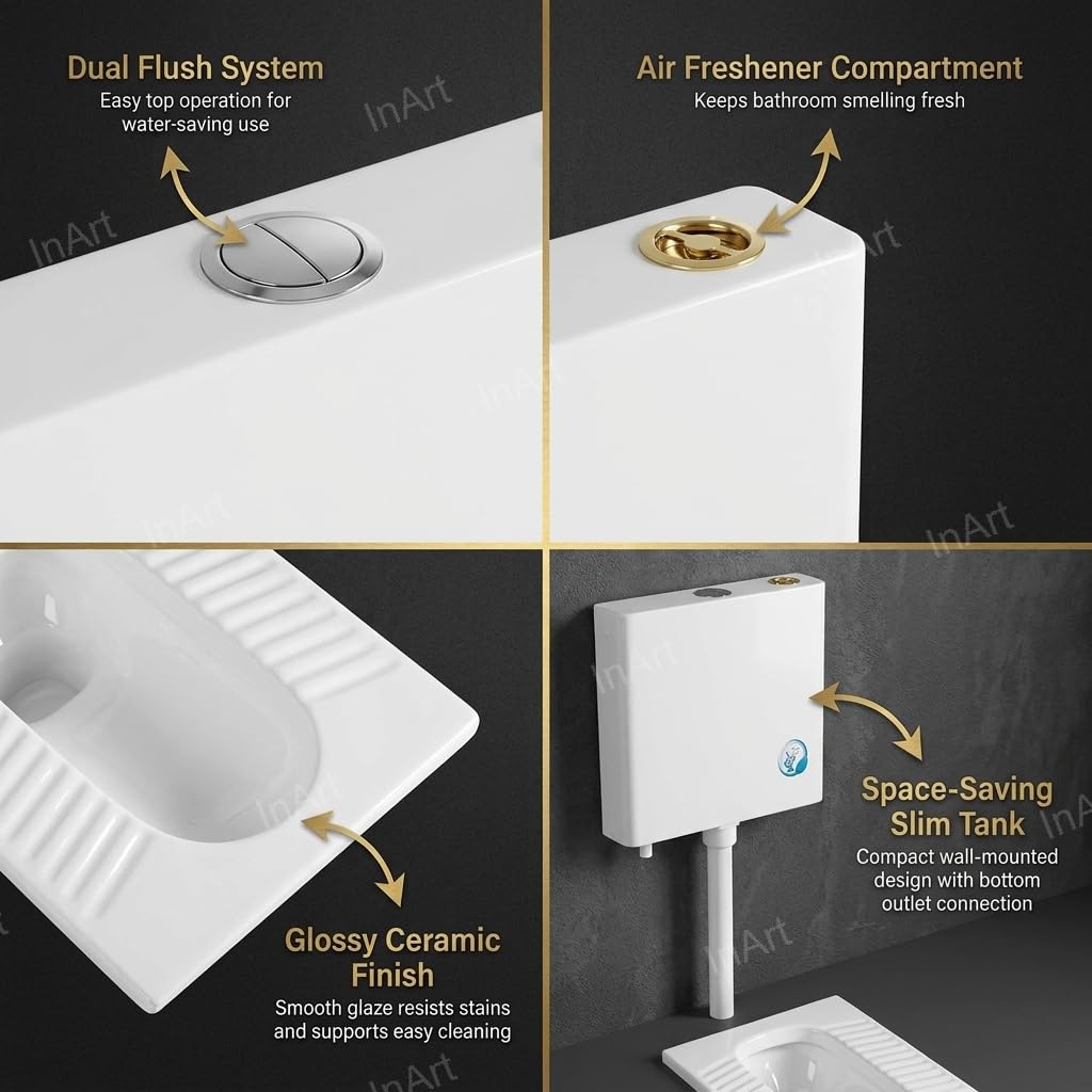 Ceramic Indian toilet pan with flush tank by InArt, white Orissa pan slim flush tank combo, top angle view