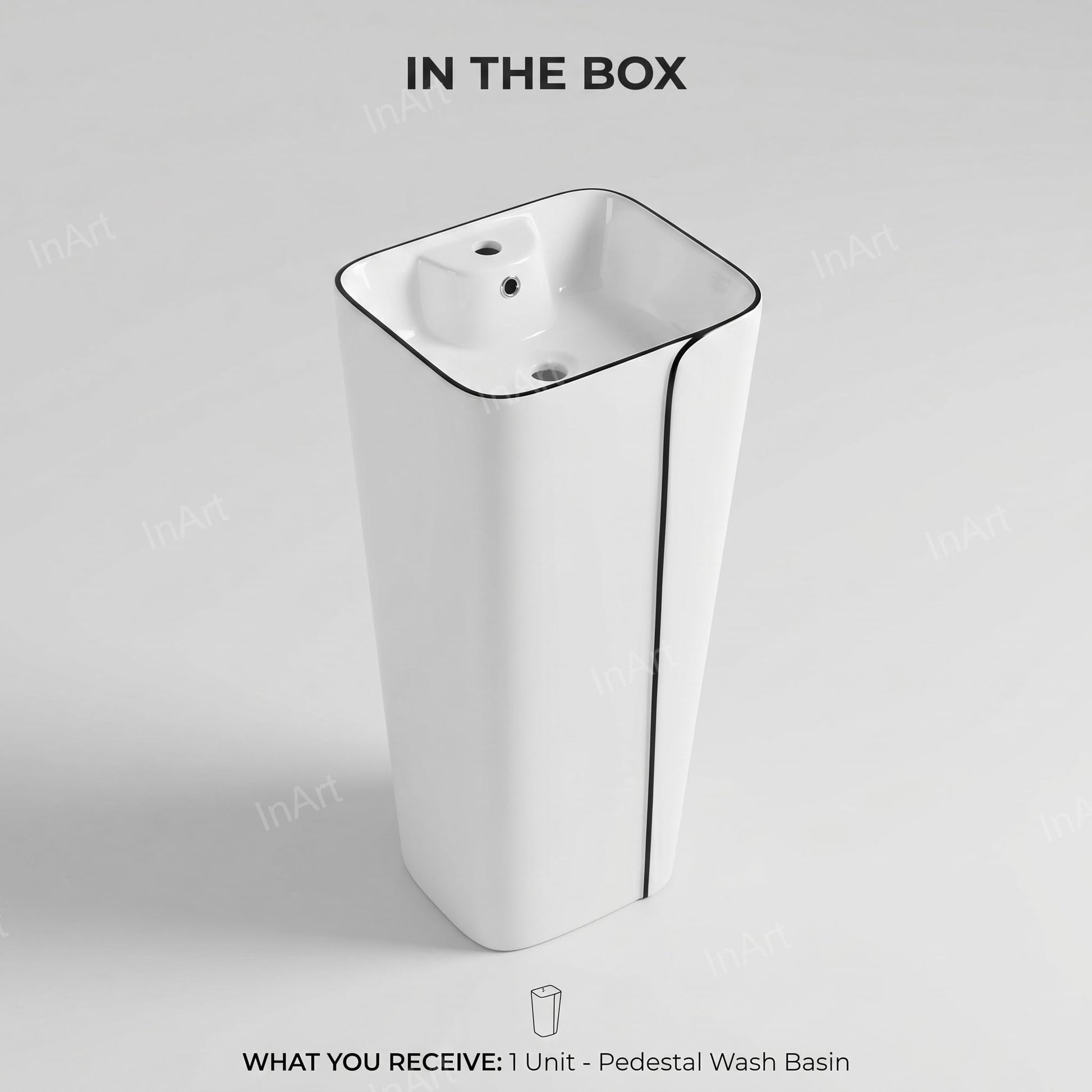 Modern bathroom interior with freestanding wash basin, square glossy white and black pedestal basin