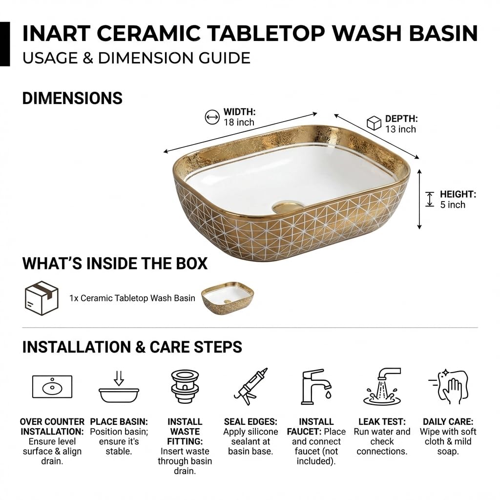 InArt luxury golden wash basin on vanity, table top basin design with cabinet in modern bathroom