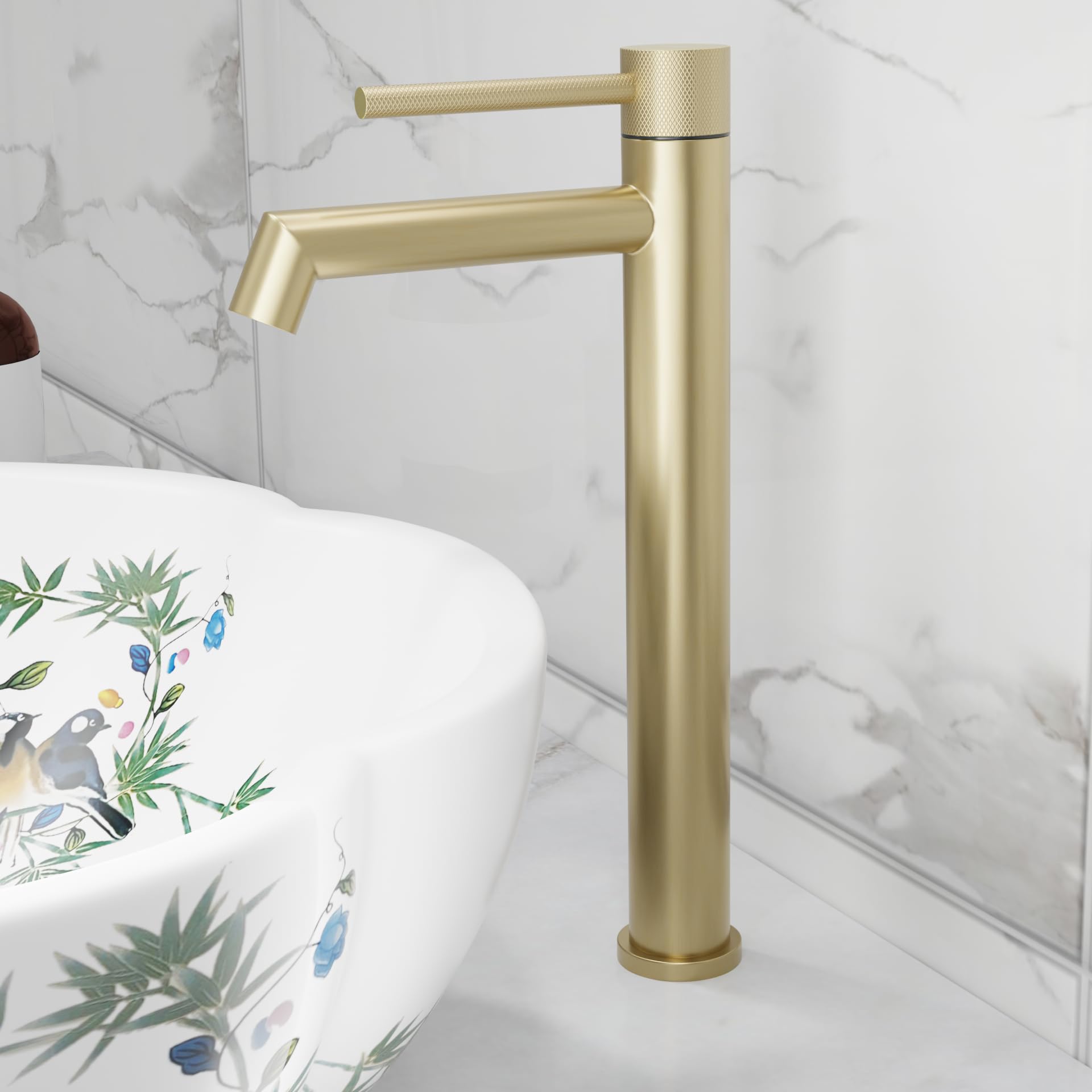 InArt SS 304 pillar tap for wash basin, extra tall 12 inch high neck table top tap in brushed gold finish