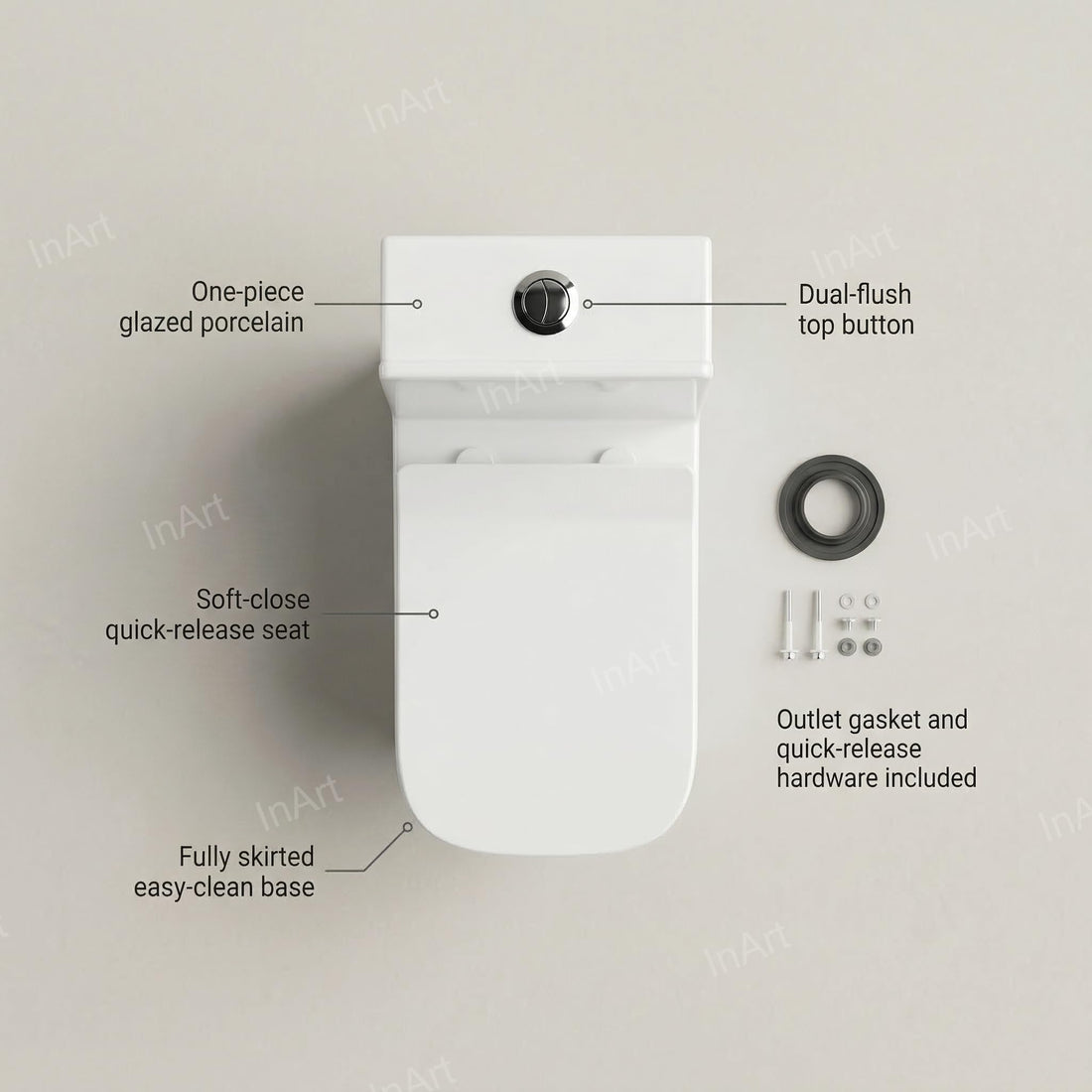 InArt one piece water closet in glossy white ceramic, square floor mounted western toilet front view