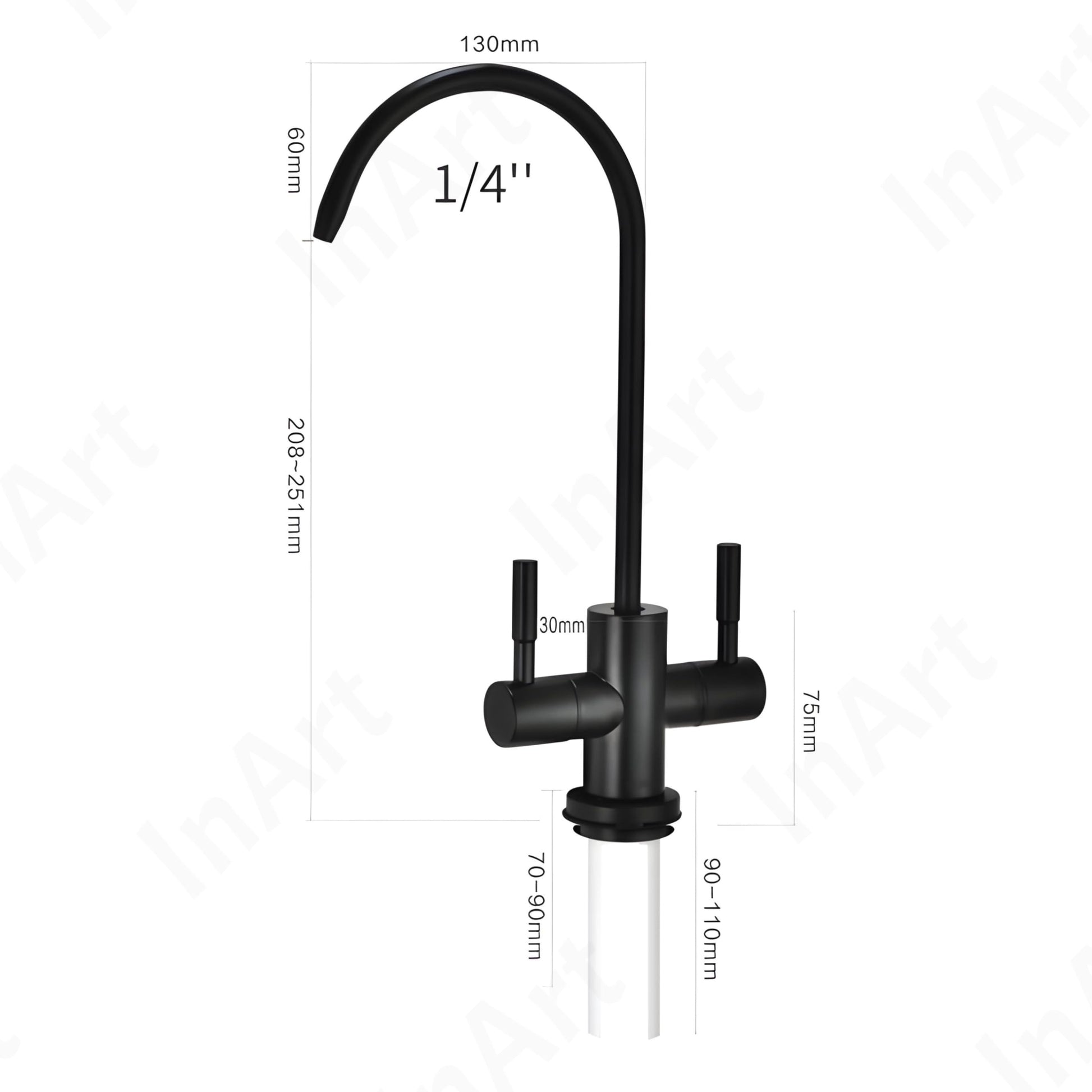 InArt two way drinking water tap with dual handles, SS304 black matte RO tap shown in angled view