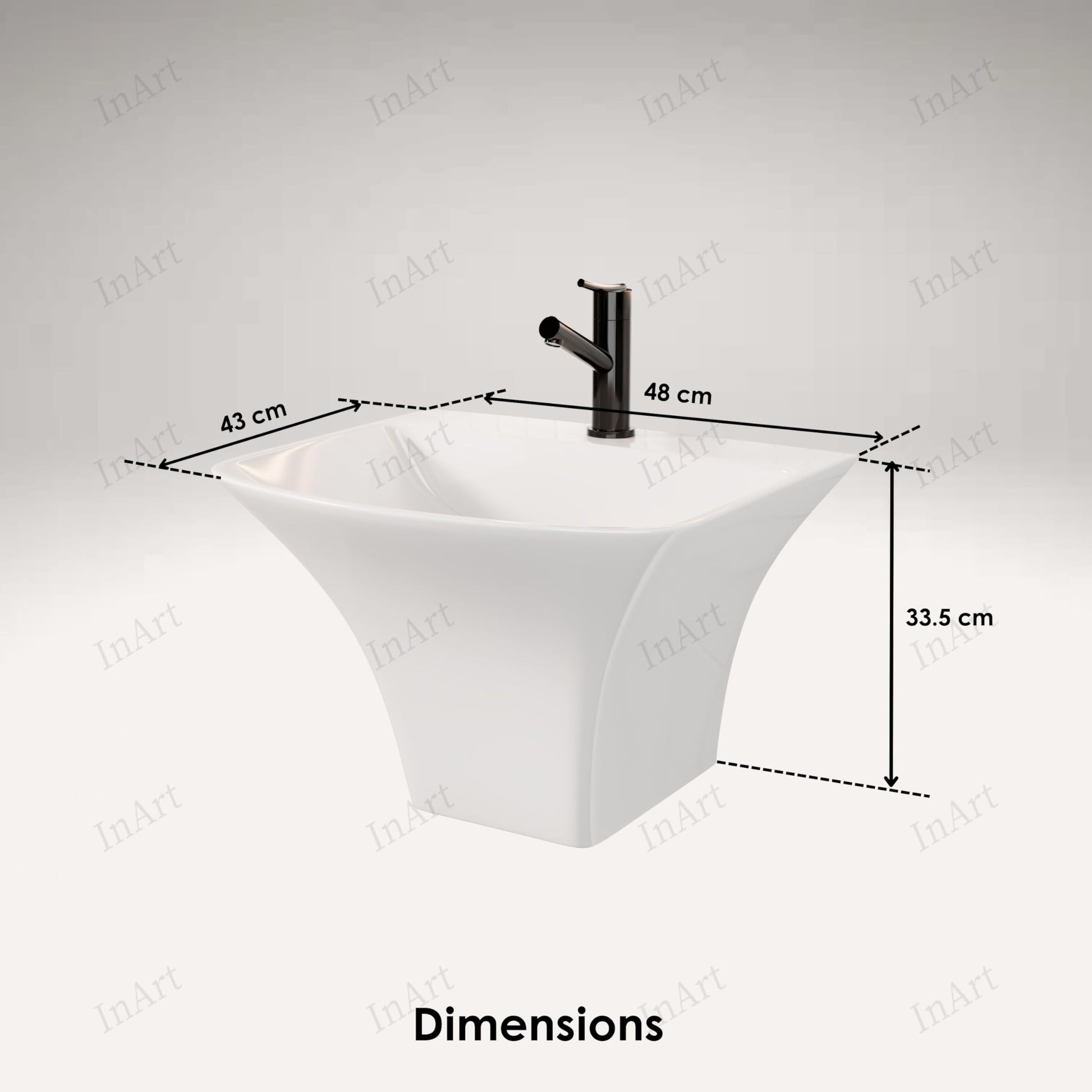 InArt designer wall mounted bathroom sink basin, glossy white ceramic slim rim, side angle view