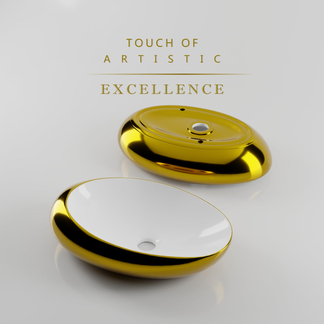 InArt ceramic oval table top wash basin design in glossy white and gold, main front view