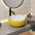 Table top wash basin counter design with glossy yellow square ceramic basin, close-up of rim finish
