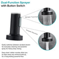 Pull out kitchen spray tap showing 360° swivel spout movement, flexible tap for kitchen sink in black