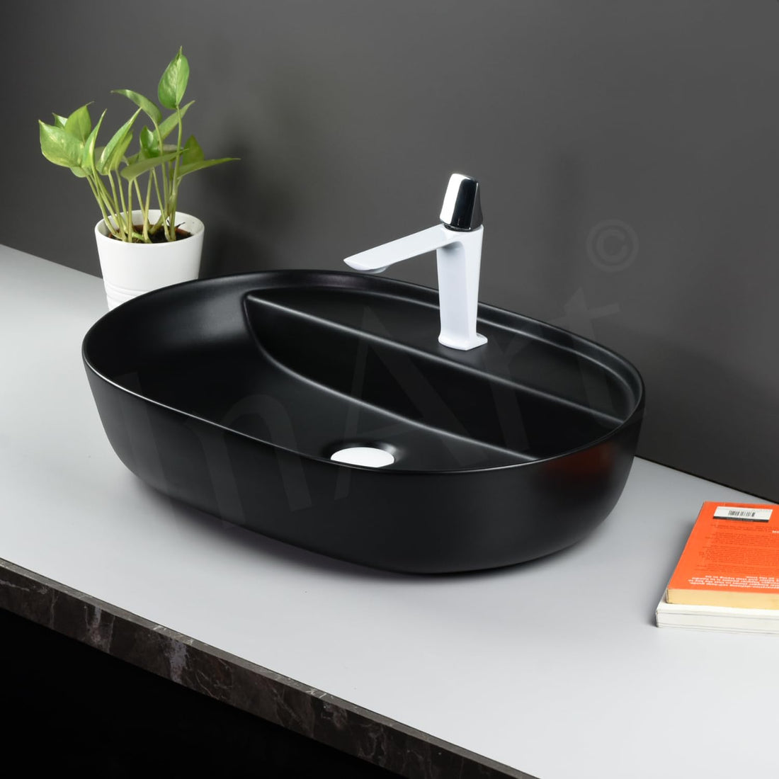 InArt ceramic oval table top wash basin, matte black finish, 24 inch above counter bathroom basin
