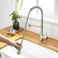 InArt kitchen tap with pull out spray showing dual flow modes on pull-down sprayer head, brushed chrome finish